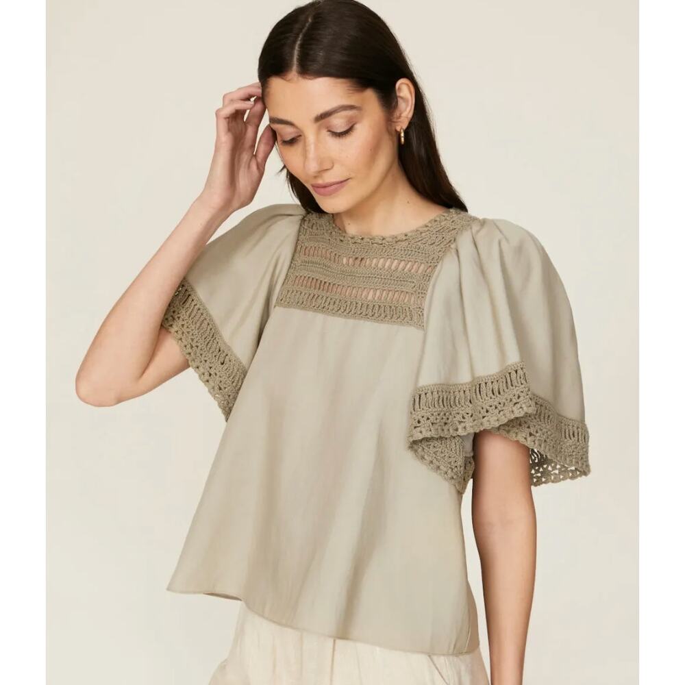 Jonathan Simkhai NWT Toscha Crochet Top Linen Blend Green Short Sleeves  *FLAW*